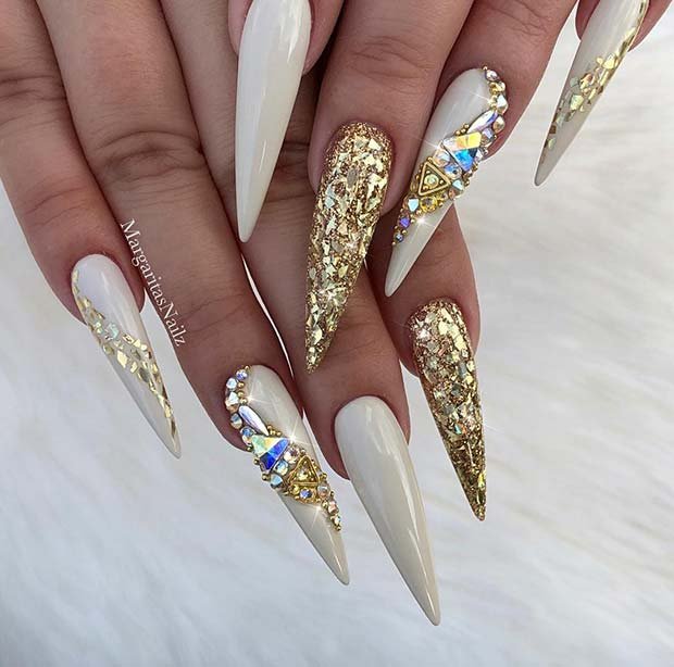 women's white and gold nails