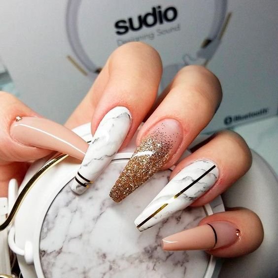 women's white and gold nails
