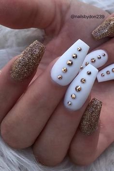 women's white and gold nails