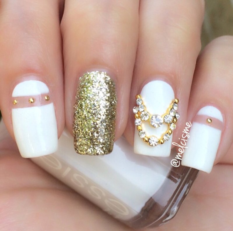women's white and gold nails
