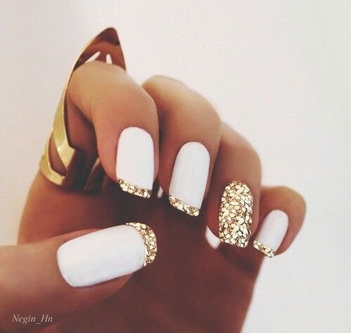 women's white and gold nails