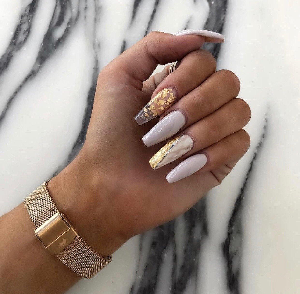 women's white and gold nails
