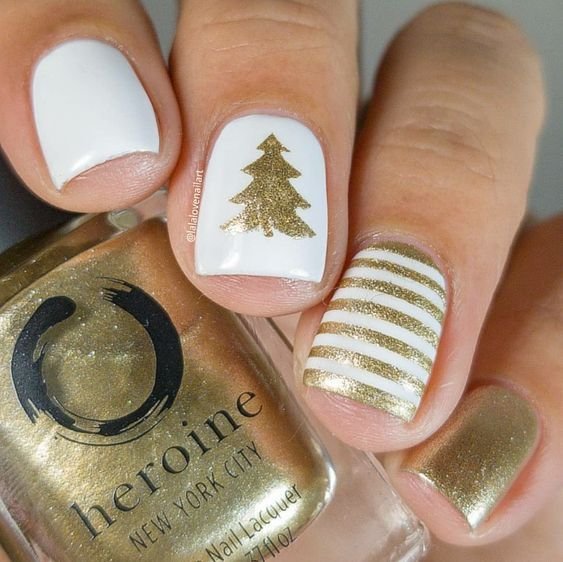 women's white and gold nails
